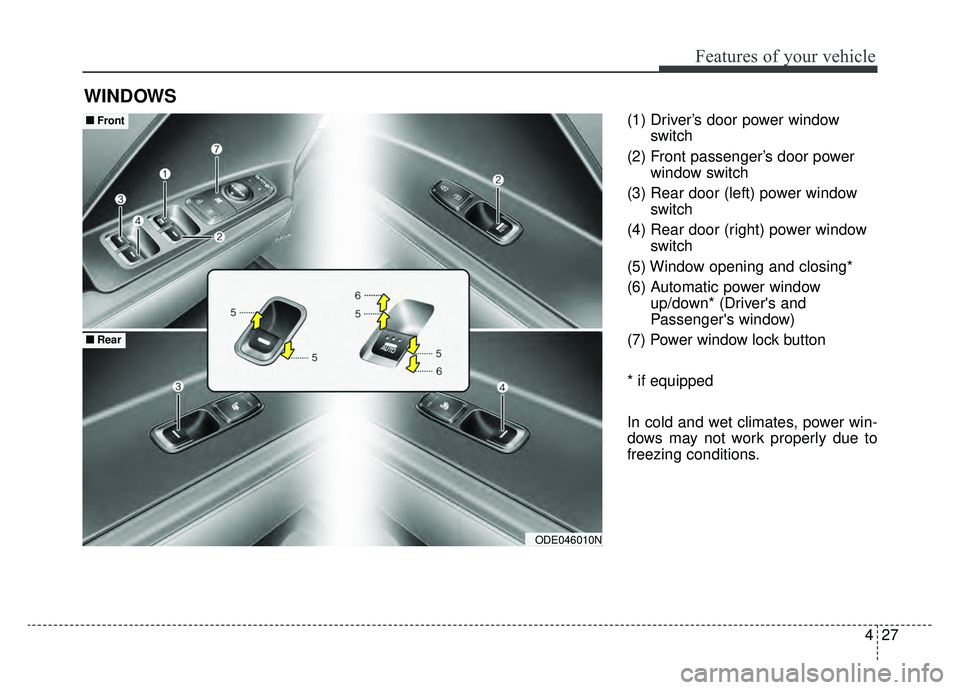 KIA NIRO HYBRID EV 2019  Owners Manual 427
Features of your vehicle
(1) Driver’s door power windowswitch
(2) Front passenger’s door power window switch
(3) Rear door (left) power window switch
(4) Rear door (right) power window switch
