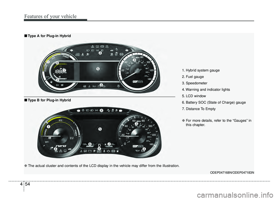 KIA NIRO HYBRID EV 2019  Owners Manual Features of your vehicle
54
4
1. Hybrid system gauge 
2. Fuel gauge 
3. Speedometer 
4. Warning and indicator lights 
5. LCD window
6. Battery SOC (State of Charge) gauge 
7. Distance To Empty
ODEP047