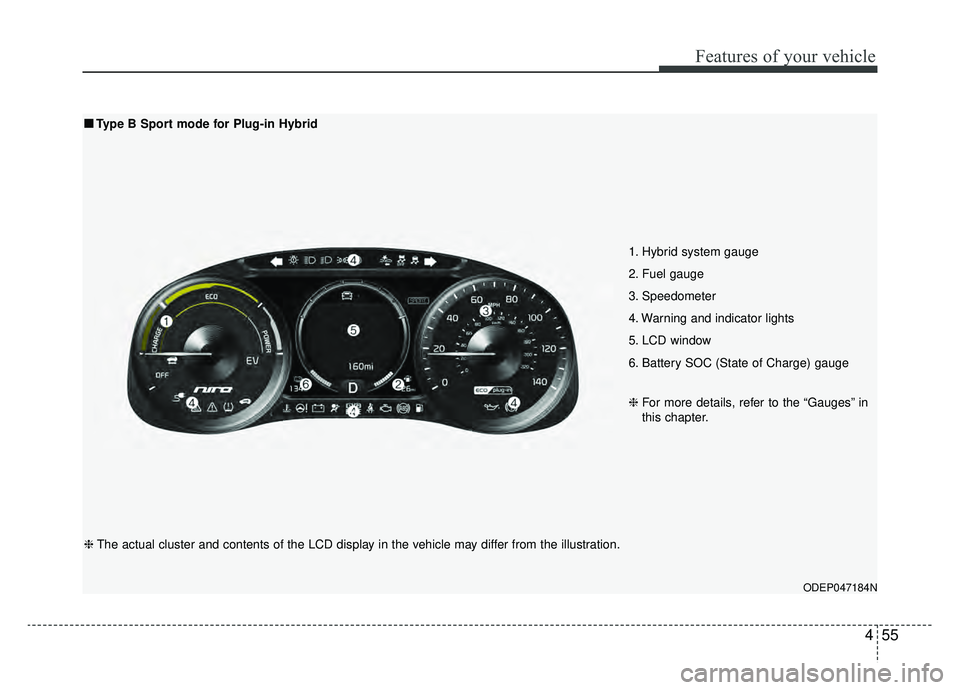 KIA NIRO HYBRID EV 2019  Owners Manual 455
Features of your vehicle
ODEP047184N
■ ■Type B Sport mode for Plug-in Hybrid
1. Hybrid system gauge 
2. Fuel gauge 
3. Speedometer 
4. Warning and indicator lights 
5. LCD window
6. Battery SO