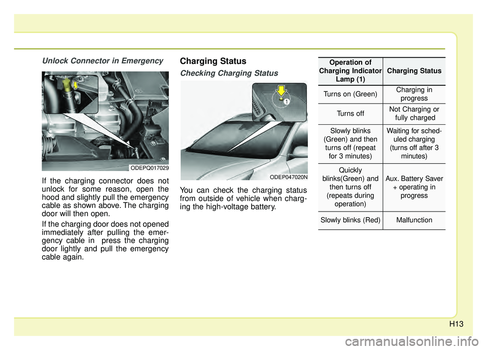 KIA NIRO HYBRID EV 2019  Owners Manual H13
Unlock Connector in Emergency 
If the charging connector does not
unlock for some reason, open the
hood and slightly pull the emergency
cable as shown above. The charging
door will then open.
If t