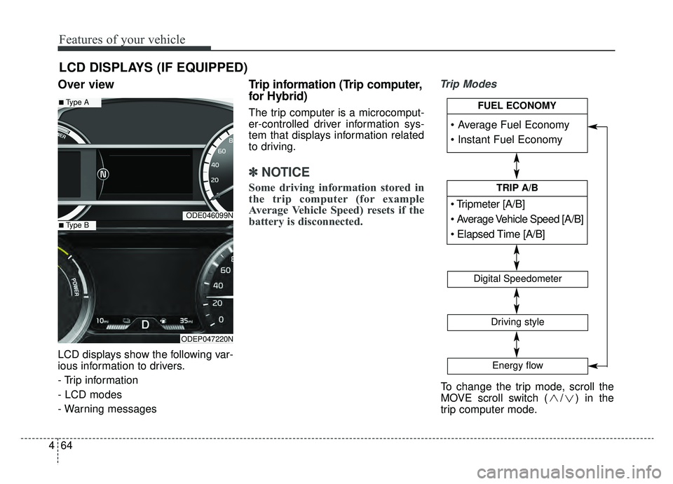KIA NIRO HYBRID EV 2019  Owners Manual Features of your vehicle
64
4
Over view
LCD displays show the following var-
ious information to drivers.
- Trip information
- LCD modes
- Warning messages
Trip information (Trip computer,
for Hybrid)
