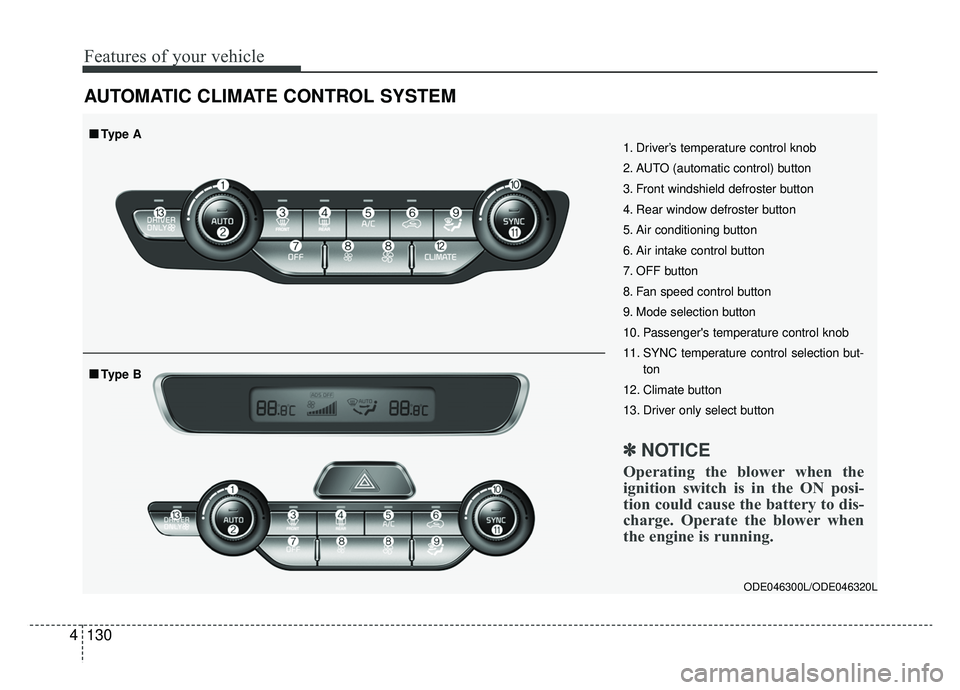 KIA NIRO HYBRID EV 2019  Owners Manual Features of your vehicle
130
4
AUTOMATIC CLIMATE CONTROL SYSTEM
ODE046300L/ODE046320L
1. Driver’s temperature control knob
2. AUTO (automatic control) button
3. Front windshield defroster button
4. 