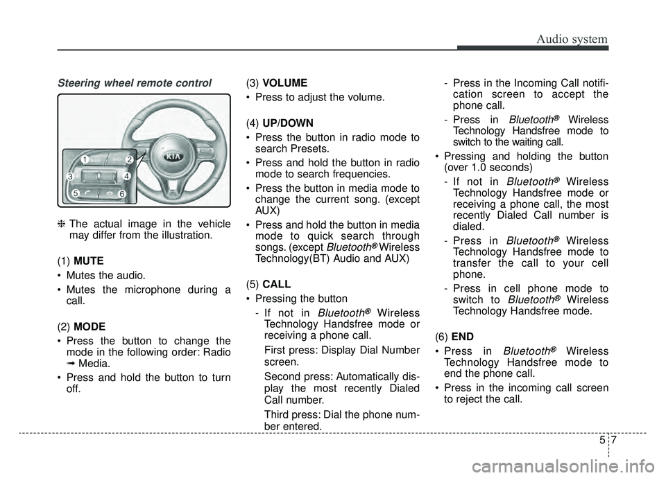 KIA NIRO HYBRID EV 2019  Owners Manual Audio system
75
Steering wheel remote control
❈The actual image in the vehicle
may differ from the illustration.
(1)  MUTE
 Mutes the audio.
 Mutes the microphone during a call.
(2)  MODE
 Press the