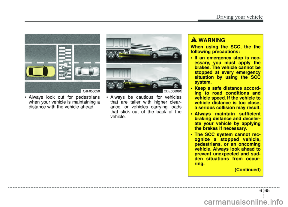 KIA NIRO HYBRID EV 2019  Owners Manual 665
Driving your vehicle
 Always look out for pedestrianswhen your vehicle is maintaining a
distance with the vehicle ahead.  Always be cautious for vehicles
that are taller with higher clear-
ance, o