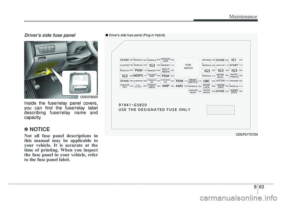 KIA NIRO HYBRID EV 2019  Owners Manual 863
Maintenance
Driver’s side fuse panel 
Inside the fuse/relay panel covers,
you can find the fuse/relay label
describing fuse/relay name and
capacity.
✽ ✽NOTICE
Not all fuse panel descriptions