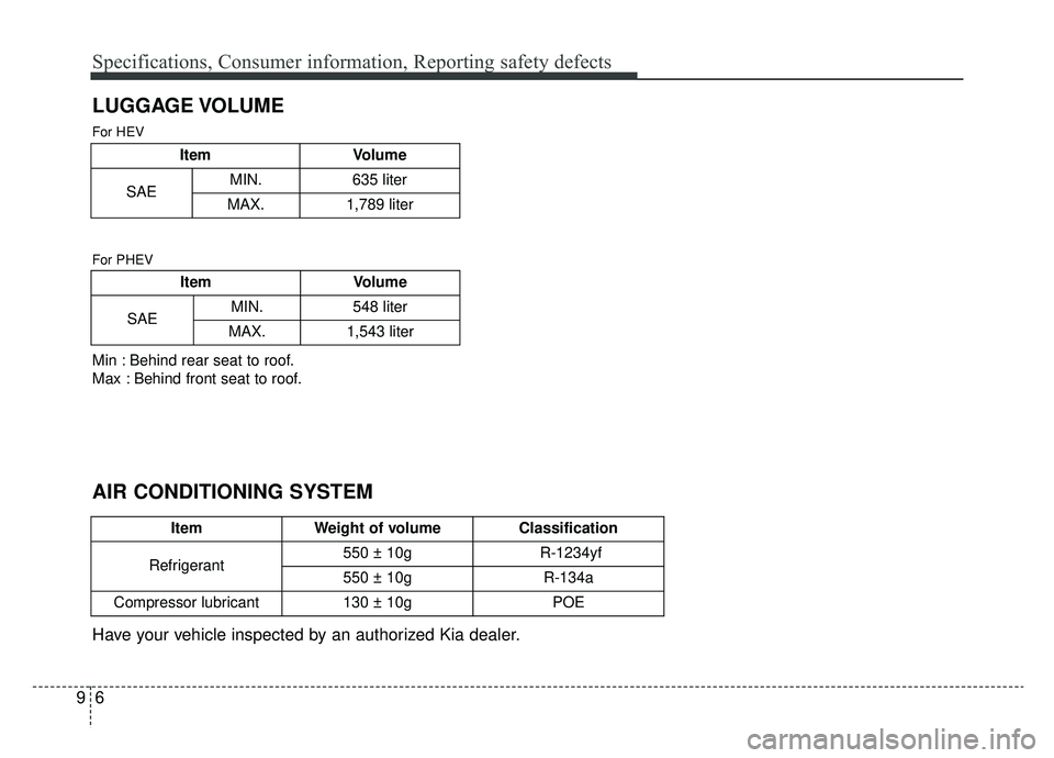 KIA NIRO HYBRID EV 2019  Owners Manual Specifications, Consumer information, Reporting safety defects
69
LUGGAGE VOLUME
Have your vehicle inspected by an authorized Kia dealer.
ItemWeight of volumeClassification
Refrigerant550 ± 10gR-1234