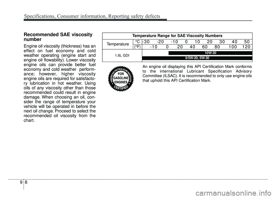 KIA NIRO HYBRID EV 2019  Owners Manual Specifications, Consumer information, Reporting safety defects
89
Recommended SAE viscosity
number
Engine oil viscosity (thickness) has an
effect on fuel economy and cold
weather operating (engine sta