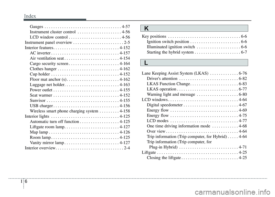 KIA NIRO HYBRID EV 2019  Owners Manual Index
6I
Gauges . . . . . . . . . . . . . . . . . . . . . . . . . . . . . . . . . . . 4-\
57
Instrument cluster control . . . . . . . . . . . . . . . . . . . . 4-56
LCD window control . . . . . . . . 