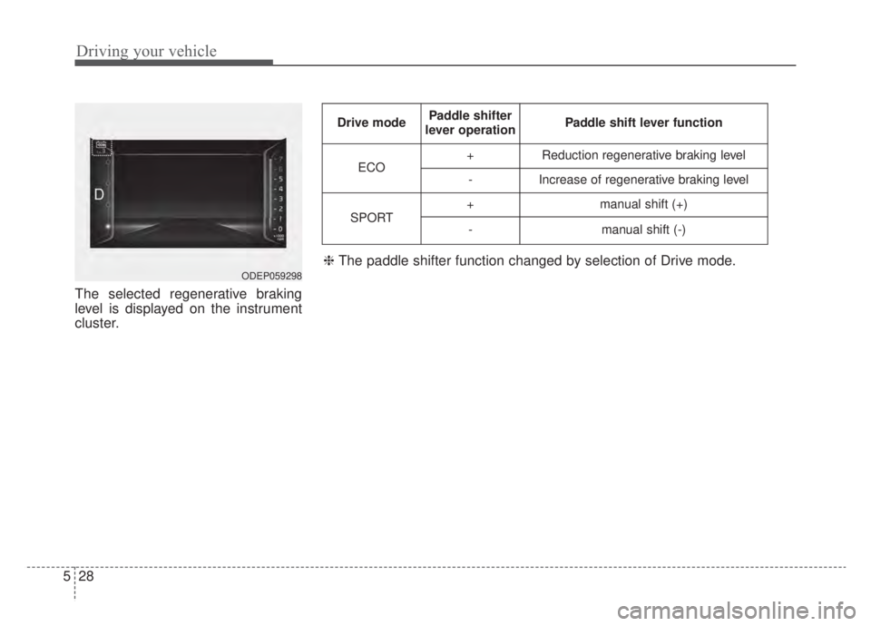 KIA NIRO HYBRID EV 2020  Owners Manual Driving your vehicle
28
5
The selected regenerative braking
level is displayed on the instrument
cluster.
ODEP059298
Drive modePaddle shifter
lever operationPaddle shift lever function
ECO+Reduction r