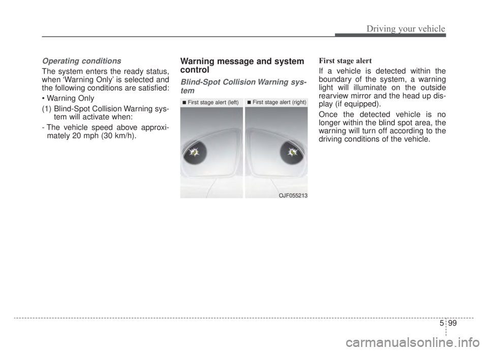 KIA NIRO HYBRID EV 2020  Owners Manual 599
Driving your vehicle
Operating conditions
The system enters the ready status,
when ‘Warning Only’ is selected and
the following conditions are satisfied:

(1) Blind-Spot Collision Warning sys-