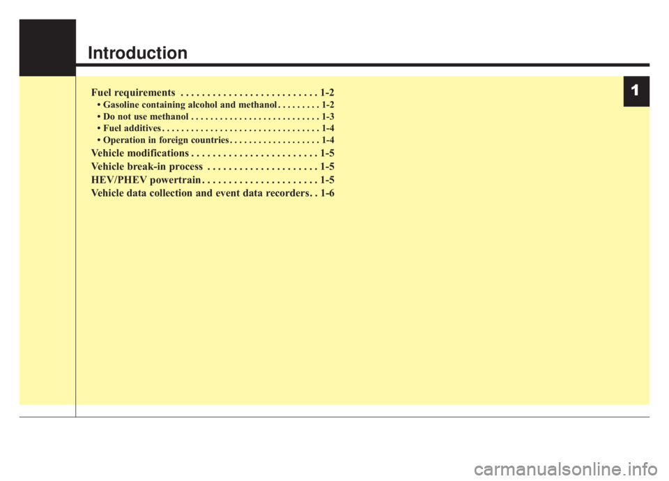 KIA NIRO HYBRID EV 2020  Owners Manual Introduction
Fuel requirements . . . . . . . . . . . . . . . . . . . . . . . . . . 1-2
• Gasoline containing alcohol and methanol . . . . . . . . . 1-2
• Do not use methanol . . . . . . . . . . . 
