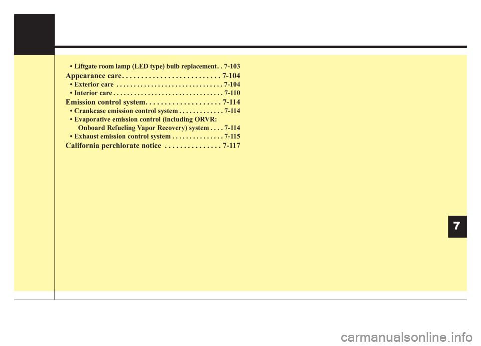 KIA NIRO HYBRID EV 2020  Owners Manual • Liftgate room lamp (LED type) bulb replacement . . 7-103
Appearance care . . . . . . . . . . . . . . . . . . . . . . . . . . 7-104
• Exterior care . . . . . . . . . . . . . . . . . . . . . . . .