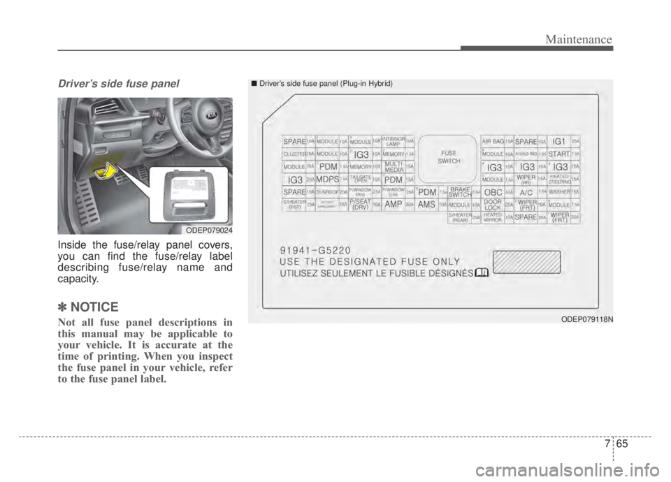 KIA NIRO HYBRID EV 2020  Owners Manual 765
Maintenance
Driver’s side fuse panel 
Inside the fuse/relay panel covers,
you can find the fuse/relay label
describing fuse/relay name and
capacity.
✽ ✽NOTICE
Not all fuse panel descriptions