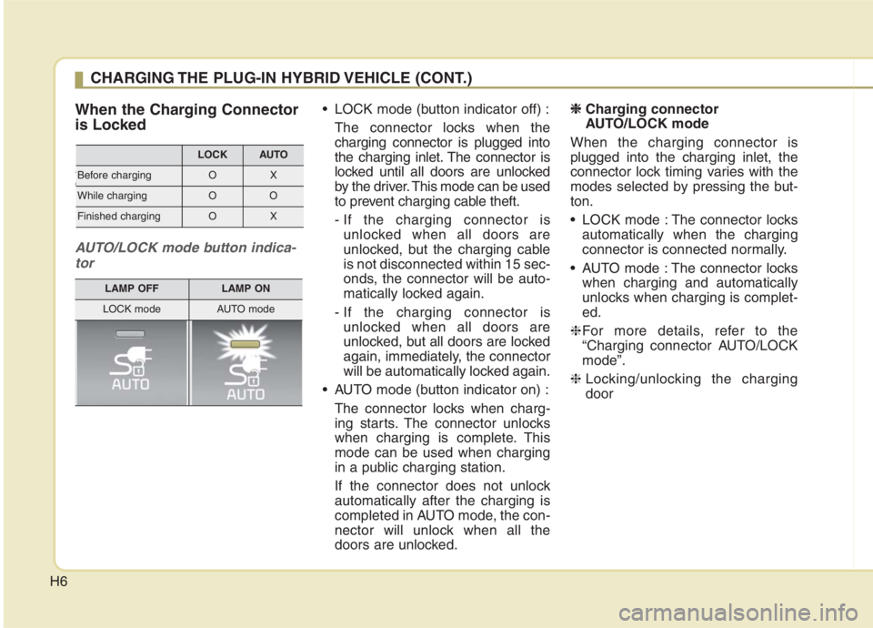 KIA NIRO HYBRID EV 2021 Owners Manual H6
When the Charging Connector
is Locked
AUTO/LOCK mode button indi-
cator
AUTO/LOCK mode button indica-
tor
LOCK mode (button indicator off) :
The connector locks when the
charging connector is plug KIA NIRO HYBRID EV 2021 Owners Manual H6
When the Charging Connector
is Locked
AUTO/LOCK mode button indi-
cator
AUTO/LOCK mode button indica-
tor
LOCK mode (button indicator off) :
The connector locks when the
charging connector is plug