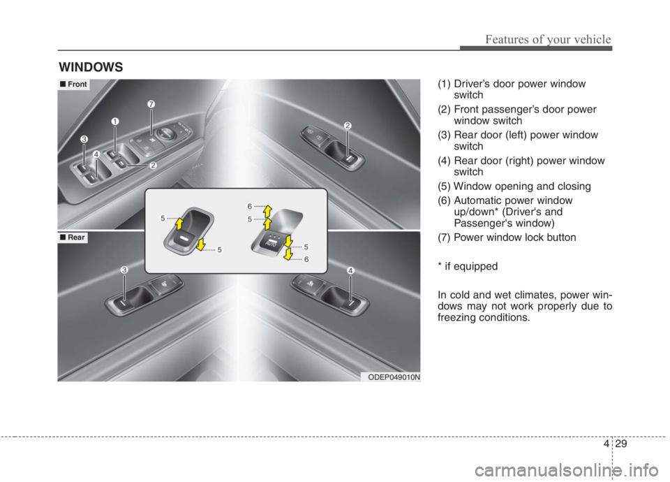 KIA NIRO HYBRID EV 2021  Owners Manual 429
Features of your vehicle
(1) Driver’s door power window
switch
(2) Front passenger’s door power
window switch
(3) Rear door (left) power window
switch
(4) Rear door (right) power window
switch