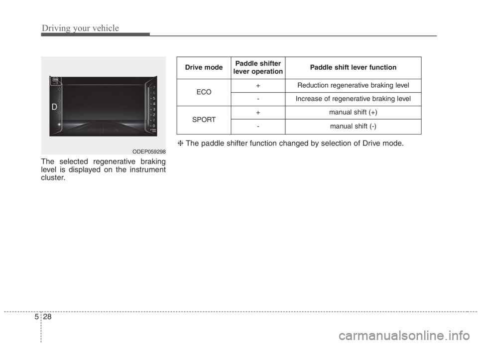 KIA NIRO HYBRID EV 2021  Owners Manual Driving your vehicle
28 5
The selected regenerative braking
level is displayed on the instrument
cluster.
ODEP059298
Drive modePaddle shifter
lever operationPaddle shift lever function
ECO+Reduction r