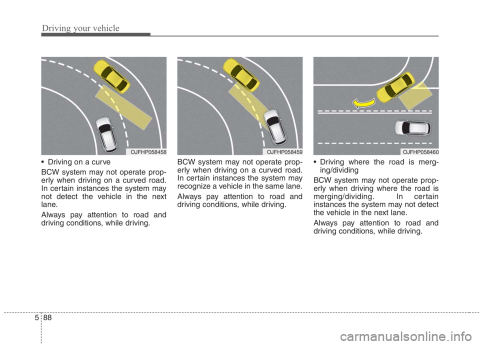 KIA NIRO HYBRID EV 2021  Owners Manual Driving your vehicle
88 5
 Driving on a curve
BCW system may not operate prop-
erly when driving on a curved road.
In certain instances the system may
not detect the vehicle in the next
lane.
Always p