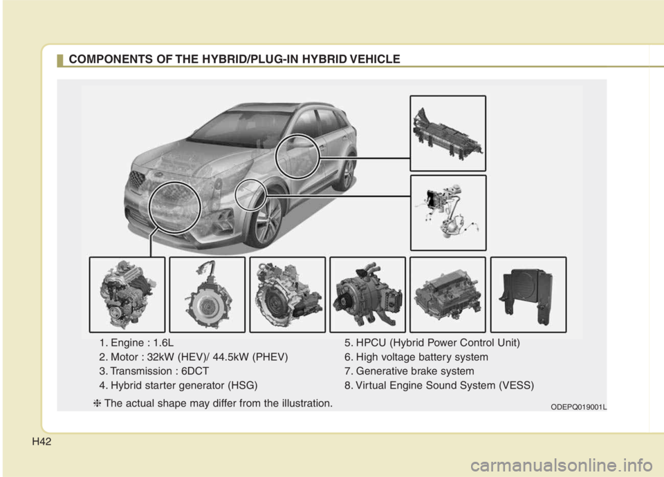 KIA NIRO HYBRID EV 2021  Owners Manual H42
COMPONENTS OF THE HYBRID/PLUG-IN HYBRID VEHICLE
1. Engine : 1.6L
2. Motor : 32kW (HEV)/ 44.5kW (PHEV)
3. Transmission : 6DCT
4. Hybrid starter generator (HSG)5. HPCU (Hybrid Power Control Unit)
6.