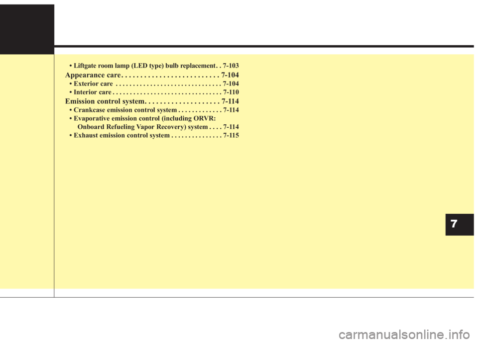KIA NIRO HYBRID EV 2021  Owners Manual • Liftgate room lamp (LED type) bulb replacement . . 7-103
Appearance care . . . . . . . . . . . . . . . . . . . . . . . . . . 7-104
• Exterior care . . . . . . . . . . . . . . . . . . . . . . . .