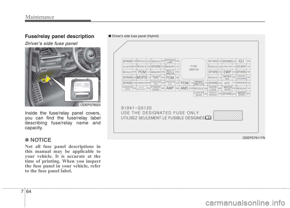 KIA NIRO HYBRID EV 2021  Owners Manual Maintenance
64 7
Fuse/relay panel description
Driver’s side fuse panel 
Inside the fuse/relay panel covers,
you can find the fuse/relay label
describing fuse/relay name and
capacity.
✽ ✽
NOTICE
