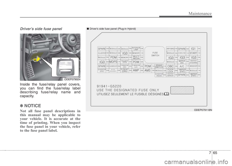 KIA NIRO HYBRID EV 2021  Owners Manual 765
Maintenance
Driver’s side fuse panel 
Inside the fuse/relay panel covers,
you can find the fuse/relay label
describing fuse/relay name and
capacity.
✽ ✽
NOTICE
Not all fuse panel description