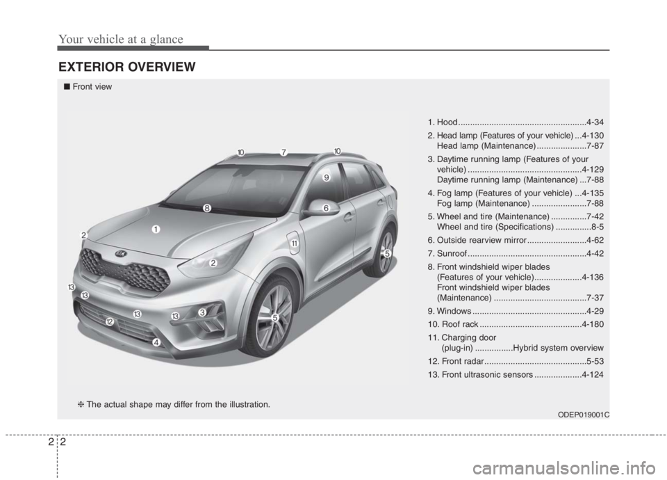 KIA NIRO HYBRID EV 2021 Owners Manual Your vehicle at a glance
2 2
EXTERIOR OVERVIEW
1. Hood ......................................................4-34
2. Head lamp (Features of your vehicle) ...4-130
Head lamp (Maintenance) ............. KIA NIRO HYBRID EV 2021 Owners Manual Your vehicle at a glance
2 2
EXTERIOR OVERVIEW
1. Hood ......................................................4-34
2. Head lamp (Features of your vehicle) ...4-130
Head lamp (Maintenance) .............