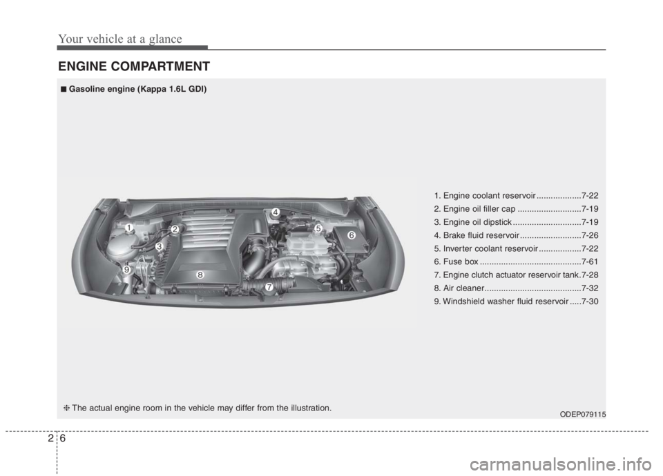 KIA NIRO HYBRID EV 2021  Owners Manual Your vehicle at a glance
6 2
ENGINE COMPARTMENT
ODEP079115
■
■Gasoline engine (Kappa 1.6L GDI)
❈The actual engine room in the vehicle may differ from the illustration.1. Engine coolant reservoir