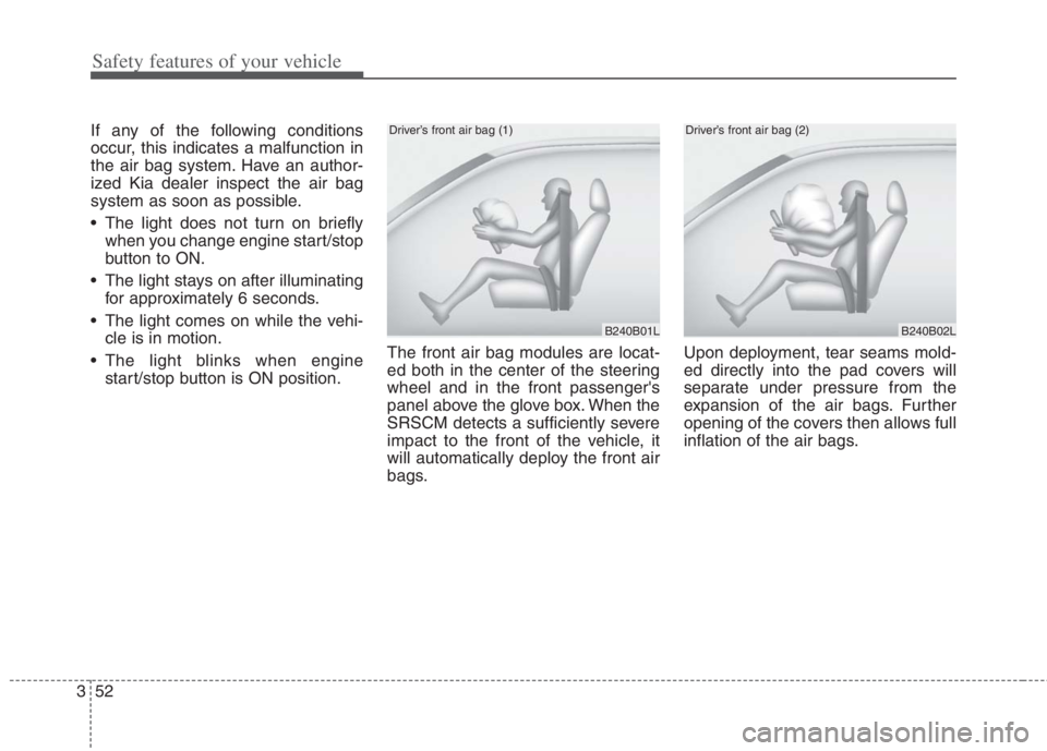 KIA NIRO HYBRID EV 2022  Owners Manual Safety features of your vehicle
52 3
If any of the following conditions
occur, this indicates a malfunction in
the air bag system. Have an author-
ized Kia dealer inspect the air bag
system as soon as