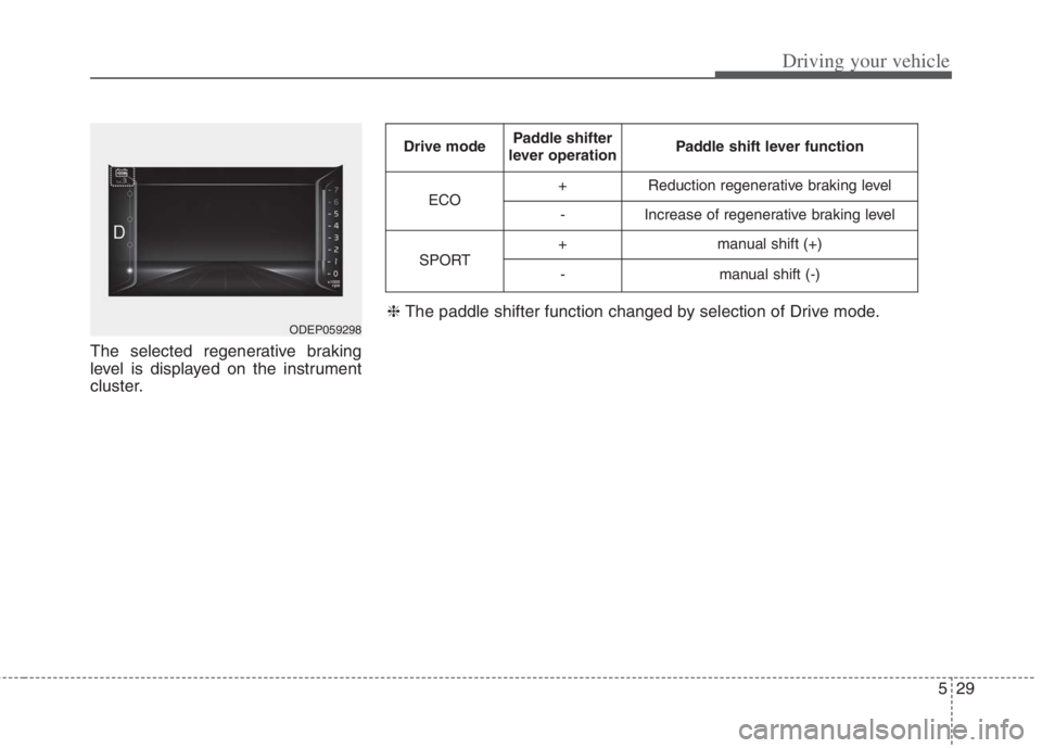 KIA NIRO HYBRID EV 2022  Owners Manual 529
Driving your vehicle
The selected regenerative braking
level is displayed on the instrument
cluster.
ODEP059298
Drive modePaddle shifter
lever operationPaddle shift lever function
ECO+Reduction re