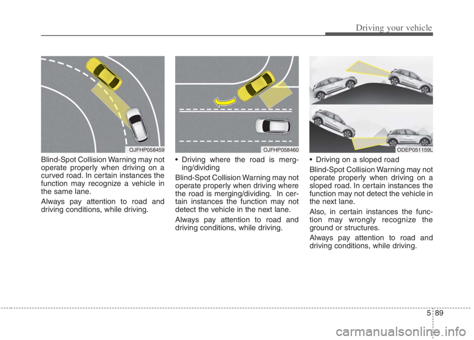 KIA NIRO HYBRID EV 2022  Owners Manual 589
Driving your vehicle
Blind-Spot Collision Warning may not
operate properly when driving on a
curved road. In certain instances the
function may recognize a vehicle in
the same lane.
Always pay att