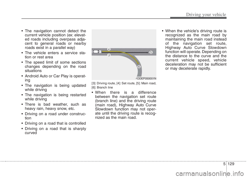 KIA NIRO HYBRID EV 2022  Owners Manual 5129
Driving your vehicle
 The navigation cannot detect the
current vehicle position (ex: elevat-
ed roads including overpass adja-
cent to general roads or nearby
roads exist in a parallel way)
 The 