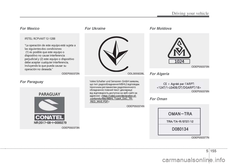 KIA NIRO HYBRID EV 2022  Owners Manual 5155
Driving your vehicle
For Mexico
For ParaguayFor Ukraine For Moldova
For Algeria
For Oman
ODEP050372N
ODEP050373N
ODL3059228L 
ODEP050374N
ODEP050375N
ODEP050376N
ODEP050377N 