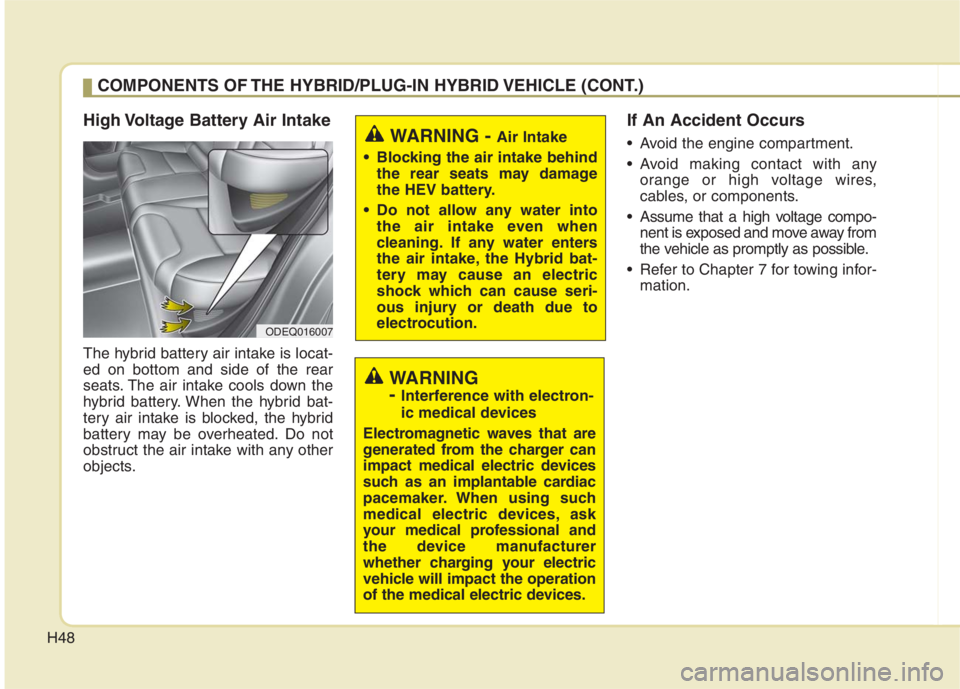 KIA NIRO HYBRID EV 2022  Owners Manual H48
High Voltage Battery Air Intake
The hybrid battery air intake is locat-
ed on bottom and side of the rear
seats. The air intake cools down the
hybrid battery. When the hybrid bat-
tery air intake 