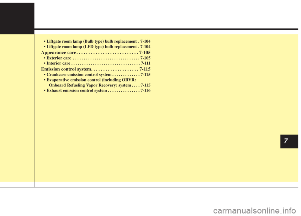 KIA NIRO HYBRID EV 2022  Owners Manual • Liftgate room lamp (Bulb type) bulb replacement . 7-104
• Liftgate room lamp (LED type) bulb replacement . 7-104
Appearance care . . . . . . . . . . . . . . . . . . . . . . . . . . 7-105
• Ext