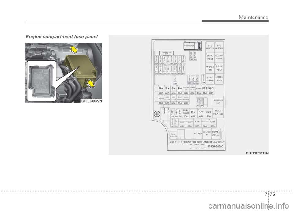 KIA NIRO HYBRID EV 2022  Owners Manual 775
Maintenance
Engine compartment fuse panel
ODEP079119N
ODE076027N 