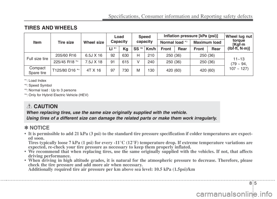 KIA NIRO HYBRID EV 2022  Owners Manual 85
TIRES AND WHEELS
*1: Load Index
*2: Speed Symbol
*3: Normal load : Up to 3 persons
*4: Only for Hybrid Electric Vehicle (HEV)
CAUTION
When replacing tires, use the same size originally supplied wit