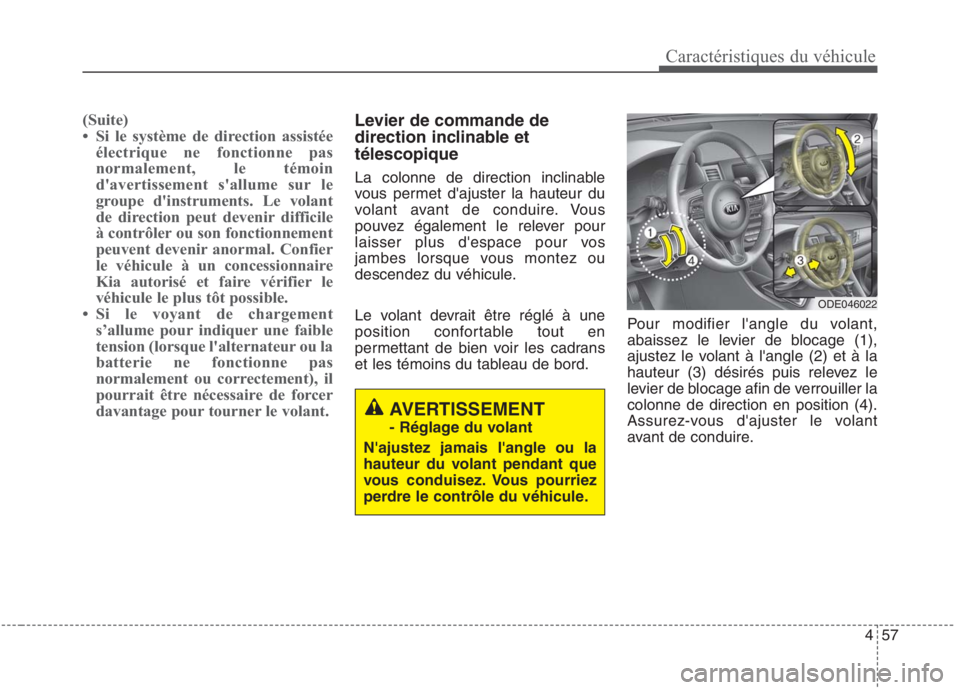 KIA NIRO 2020  Manuel du propriétaire (in French) 457
Caractéristiques du véhicule
(Suite) 
 Si le système de direction assistéeélectrique ne fonctionne pas
normalement, le témoin
davertissement sallume sur le
groupe dinstruments. Le volant
