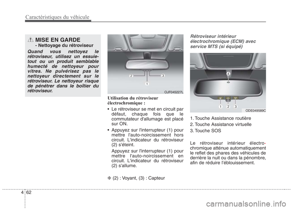 KIA NIRO 2020  Manuel du propriétaire (in French) 62
4
Caractéristiques du véhicule
Utilisation du rétroviseur 
électrochromique : 
 Le rétroviseur se met en circuit par
défaut, chaque fois que le 
commutateur dallumage est placésur ON.
 Appu