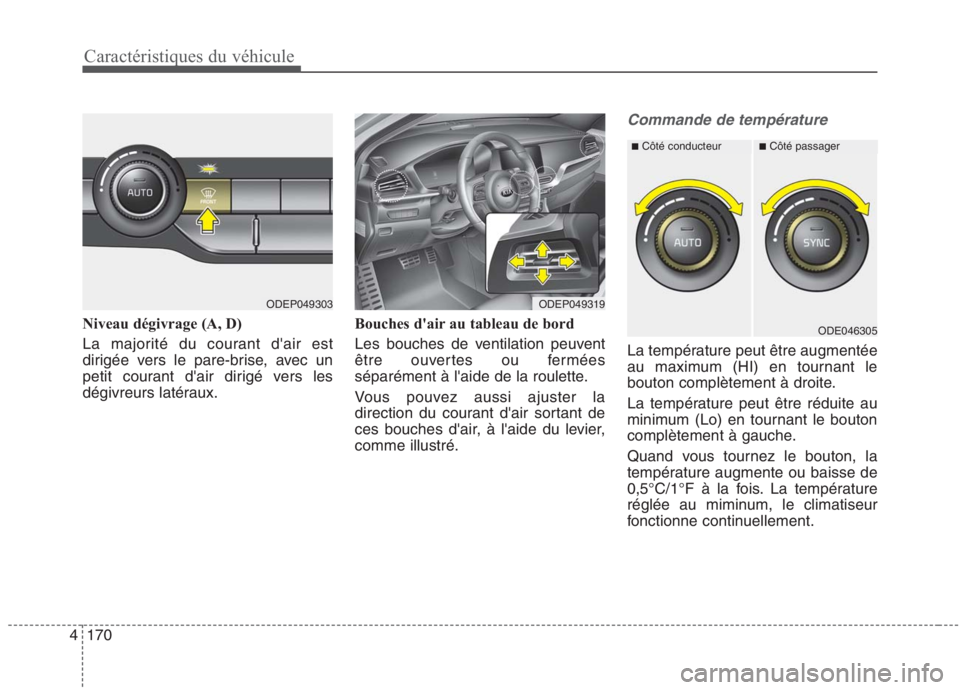KIA NIRO 2020  Manuel du propriétaire (in French) 170
4
Caractéristiques du véhicule
Niveau dégivrage (A, D) 
La majorité du courant dair est 
dirigée vers le pare-brise, avec un
petit courant dair dirigé vers les
dégivreurs latéraux. Bouch