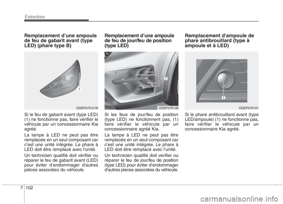 KIA NIRO 2020  Manuel du propriétaire (in French) 102
7
Entretien
Remplacement d’une ampoule 
de feu de gabarit avant (typeLED) (phare type B) 
Si le feu de gabarit avant (type LED) 
(1) ne fonctionne pas, faire vérifier levéhicule par un concess
