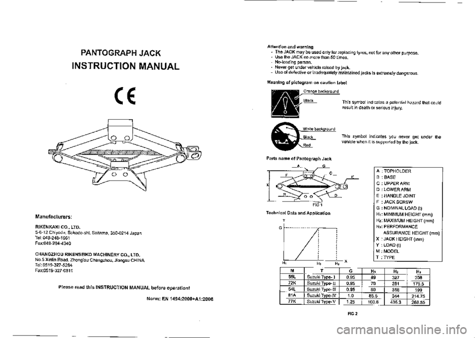 SUZUKI JIMNY 2021 Owners Manual PANTOGRAPH JACK
INSTRUCTION MANUAL
CE
Manufacturers:
RIKENKAKI CO., LTD. 5-6-12 Chiyoda, Sakado-shl, Saitama, 350-0214 Japan Tel: 049-248-1661 Fax:049-284-4340
CHANGZHOU RIKENSEIKO MACHINERY CO., SUZUKI JIMNY 2021 Owners Manual PANTOGRAPH JACK
INSTRUCTION MANUAL
CE
Manufacturers:
RIKENKAKI CO., LTD. 5-6-12 Chiyoda, Sakado-shl, Saitama, 350-0214 Japan Tel: 049-248-1661 Fax:049-284-4340
CHANGZHOU RIKENSEIKO MACHINERY CO.,