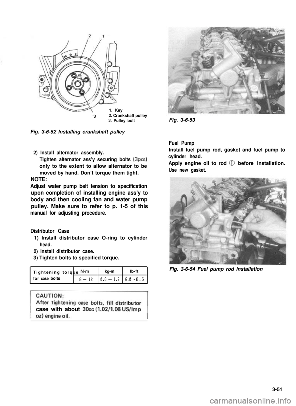 SUZUKI GRAND VITARA 1987  Service Repair Manual -1. Key
‘32. Crankshaft pulley3. Pulley bolt
Fig. 3-6-52 Installing crankshaft pulley
2) Install alternator assembly.
Tighten alternator ass’y securing bolts (3pcs)
only to the extent to allow alt