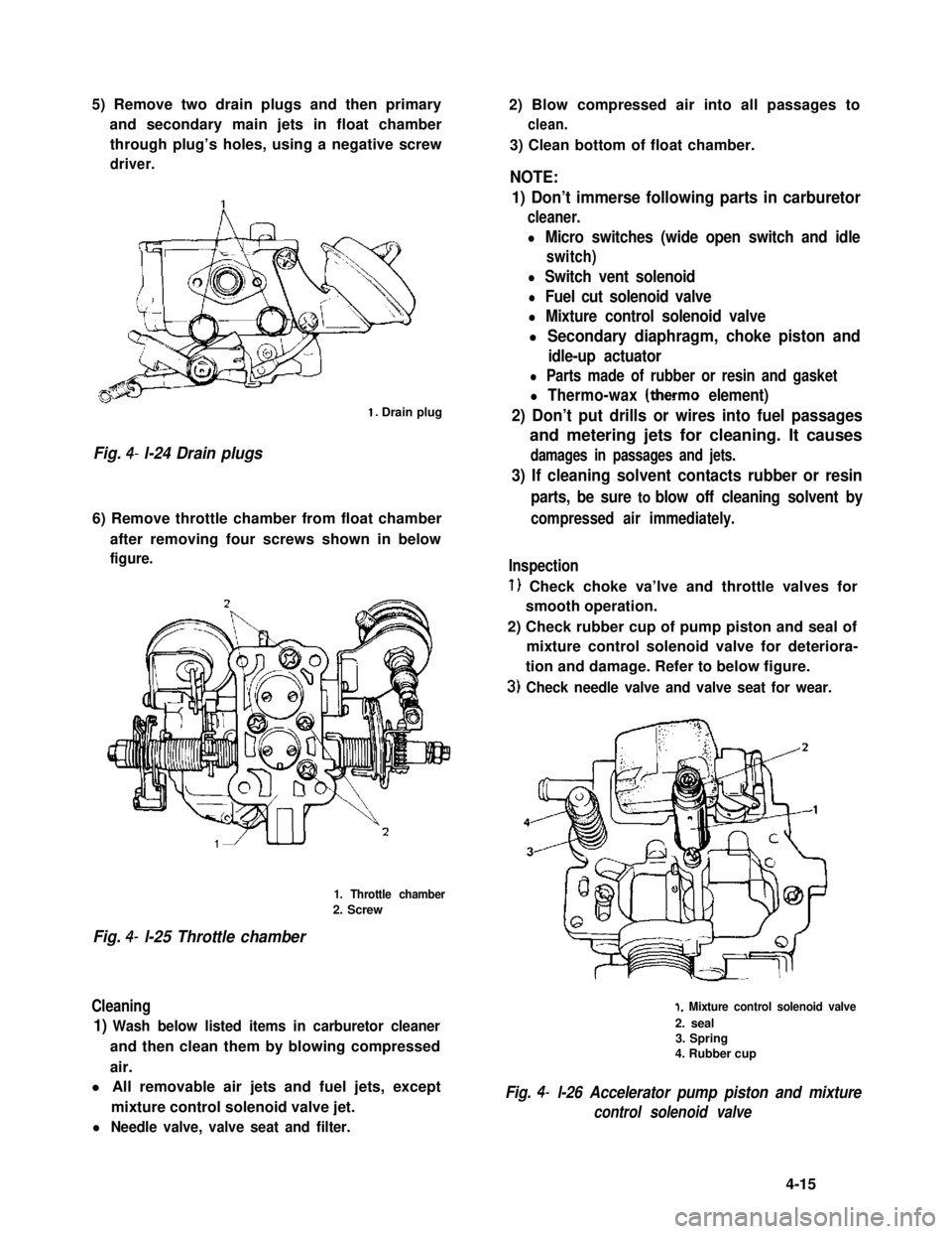 SUZUKI GRAND VITARA 1987  Service Repair Manual 5) Remove two drain plugs and then primary
and secondary main jets in float chamber
through plug’s holes, using a negative screw
driver.
1. Drain plug
Fig. 4- l-24 Drain plugs
6) Remove throttle cha