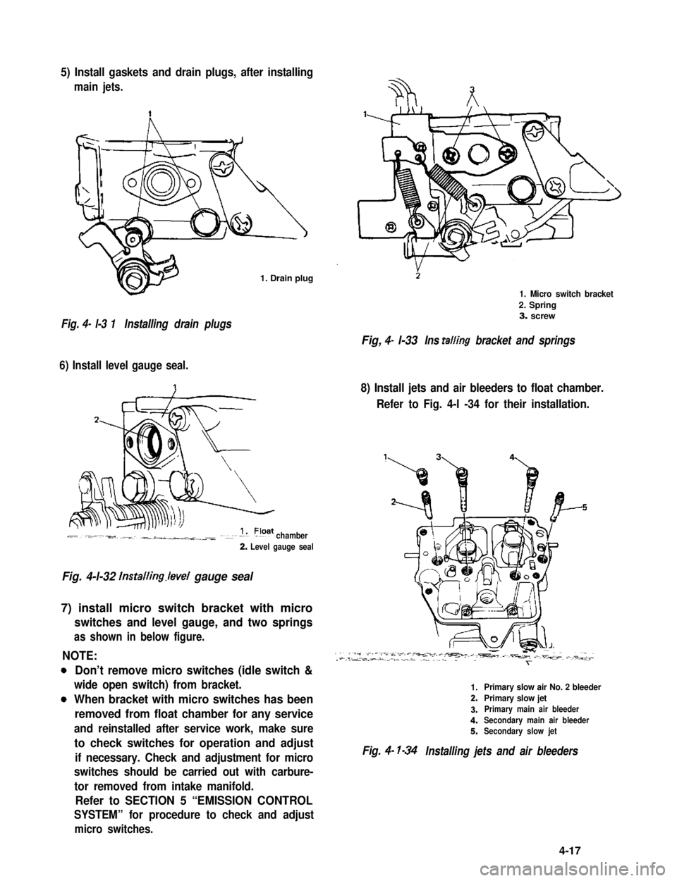 SUZUKI GRAND VITARA 1987  Service Repair Manual 5) Install gaskets and drain plugs, after installing
main jets.
1. Drain plug
Fig. 4- l-3 1Installing drain plugs
6) Install level gauge seal.
chamber
2. Level gauge seal
Fig. 4-l-32 lnstalling.level 