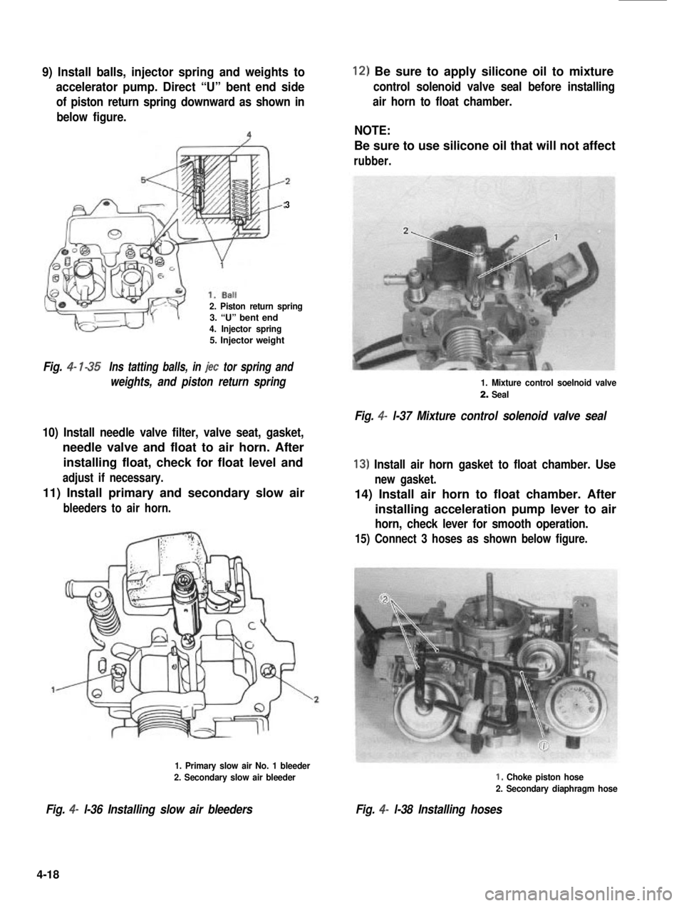 SUZUKI GRAND VITARA 1987  Service Repair Manual 9) Install balls, injector spring and weights to
accelerator pump. Direct “U” bent end side
of piston return spring downward as shown in
below figure.
3
2. Piston return spring3. “U” bent end4