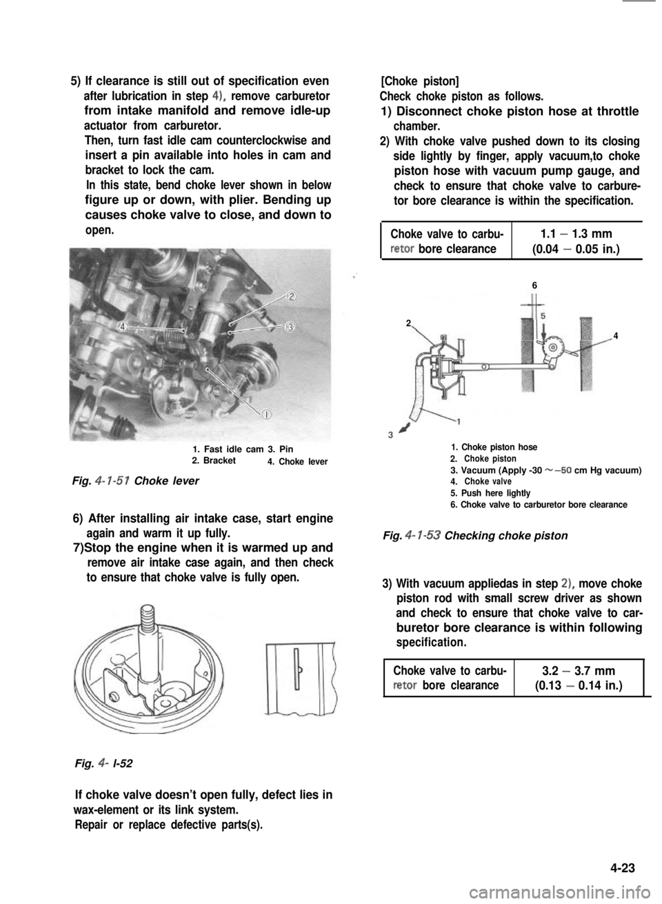 SUZUKI GRAND VITARA 1987  Service Repair Manual 5) If clearance is still out of specification even
after lubrication in step 4), remove carburetor
from intake manifold and remove idle-up
actuator from carburetor.
Then, turn fast idle cam counterclo