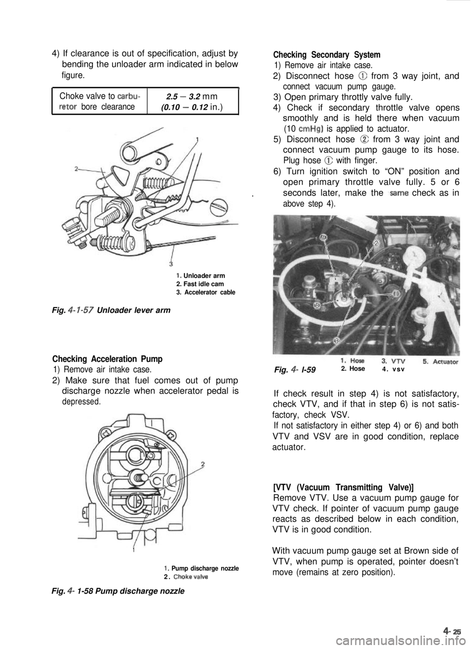 SUZUKI GRAND VITARA 1987  Service Repair Manual 4) If clearance is out of specification, adjust by
bending the unloader arm indicated in belowfigure.
‘
Choke valve to carbu-2.5 - 3.2  mm
retor  bore clearance(0.10 - 0.12  in.)
Checking Secondary 