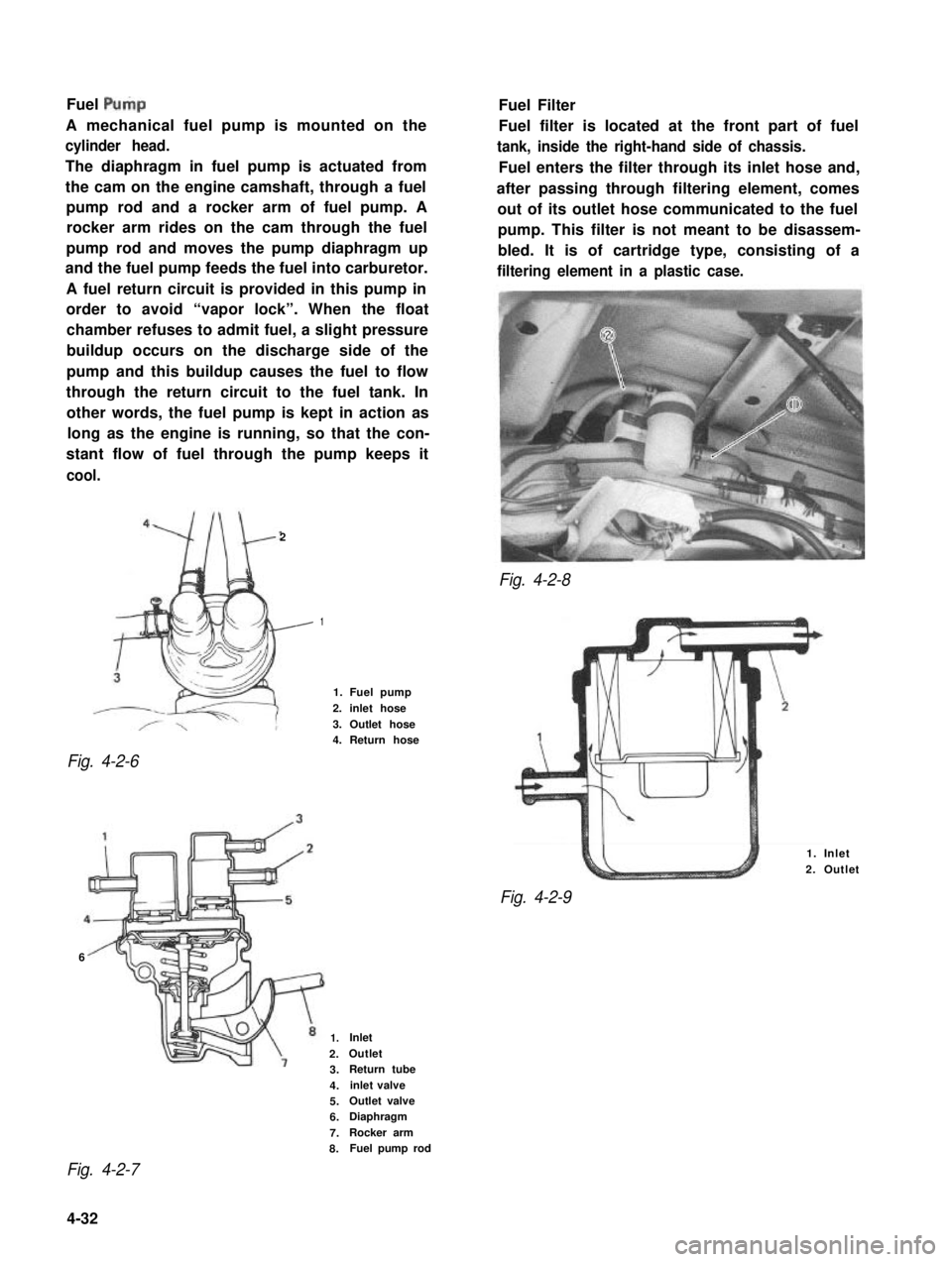 SUZUKI GRAND VITARA 1987  Service Repair Manual Fuel Pulp
A mechanical fuel pump is mounted on the
cylinder head.
The diaphragm in fuel pump is actuated from
the cam on the engine camshaft, through a fuel
pump rod and a rocker arm of fuel pump. A
r