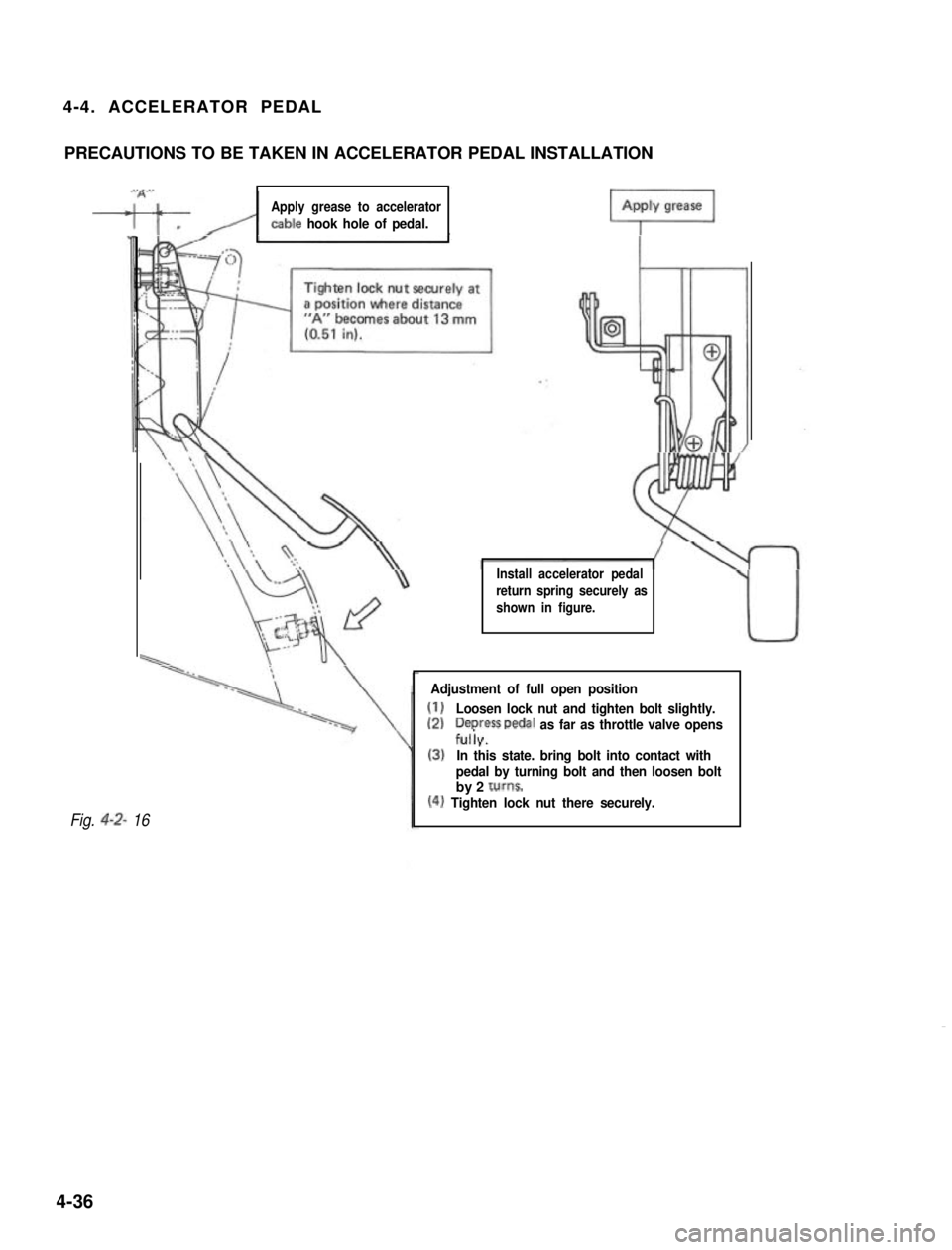 SUZUKI GRAND VITARA 1987  Service Repair Manual 4-4. ACCELERATOR PEDAL
PRECAUTIONS TO BE TAKEN IN ACCELERATOR PEDAL INSTALLATION
“A’,
-w/i
Apply grease to accelerator
cable hook hole of pedal.
Install accelerator pedal
return spring securely as