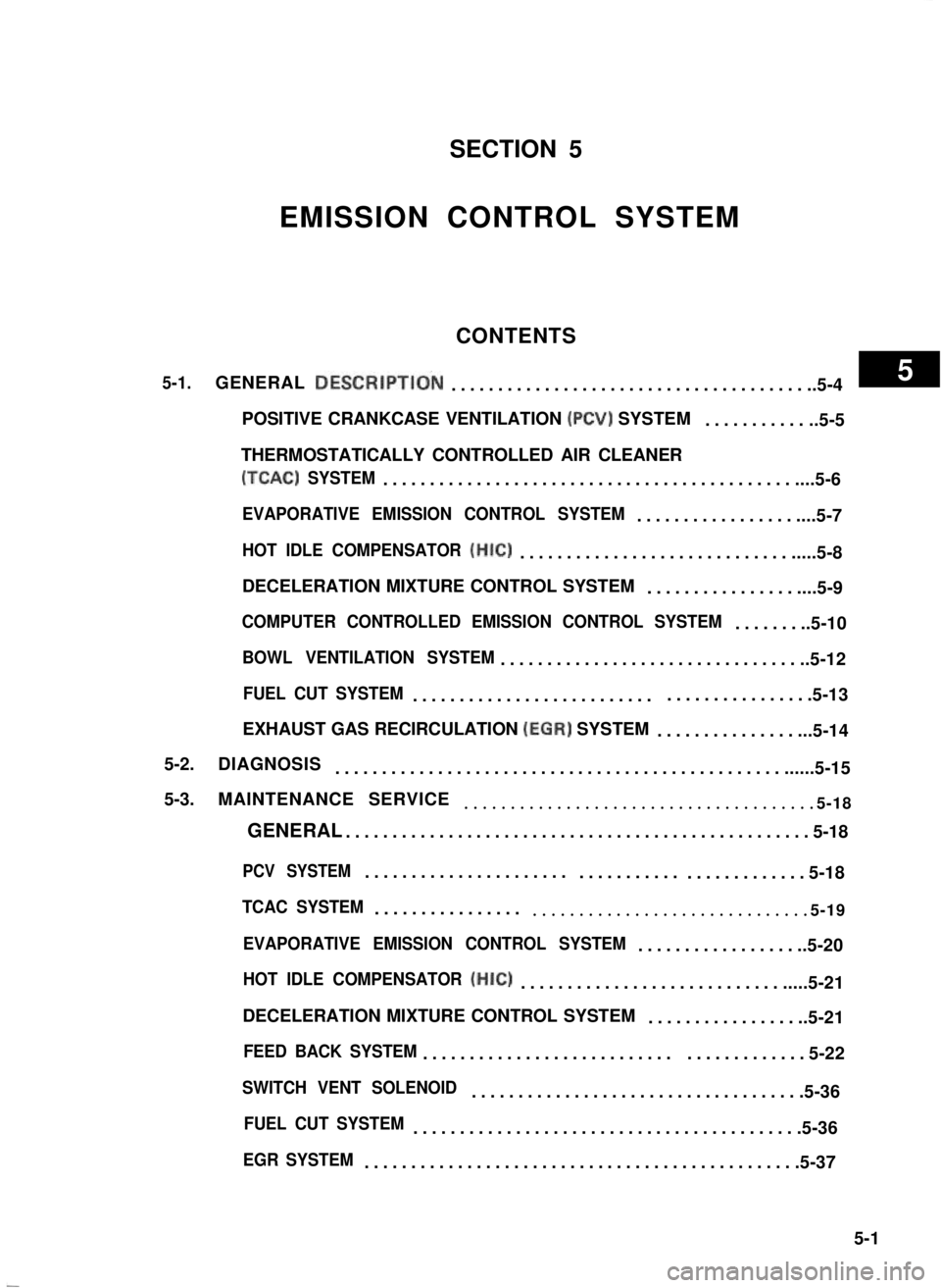 SUZUKI GRAND VITARA 1987  Service Repair Manual SECTION 5
EMISSION CONTROL SYSTEM
CONTENTS
5-1.GENERAL DESCRlPTlOk........................................5-4
POSITIVE CRANKCASE VENTILATION (PCV) SYSTEM........... ..5-5
THERMOSTATICALLY CONTROLLED A